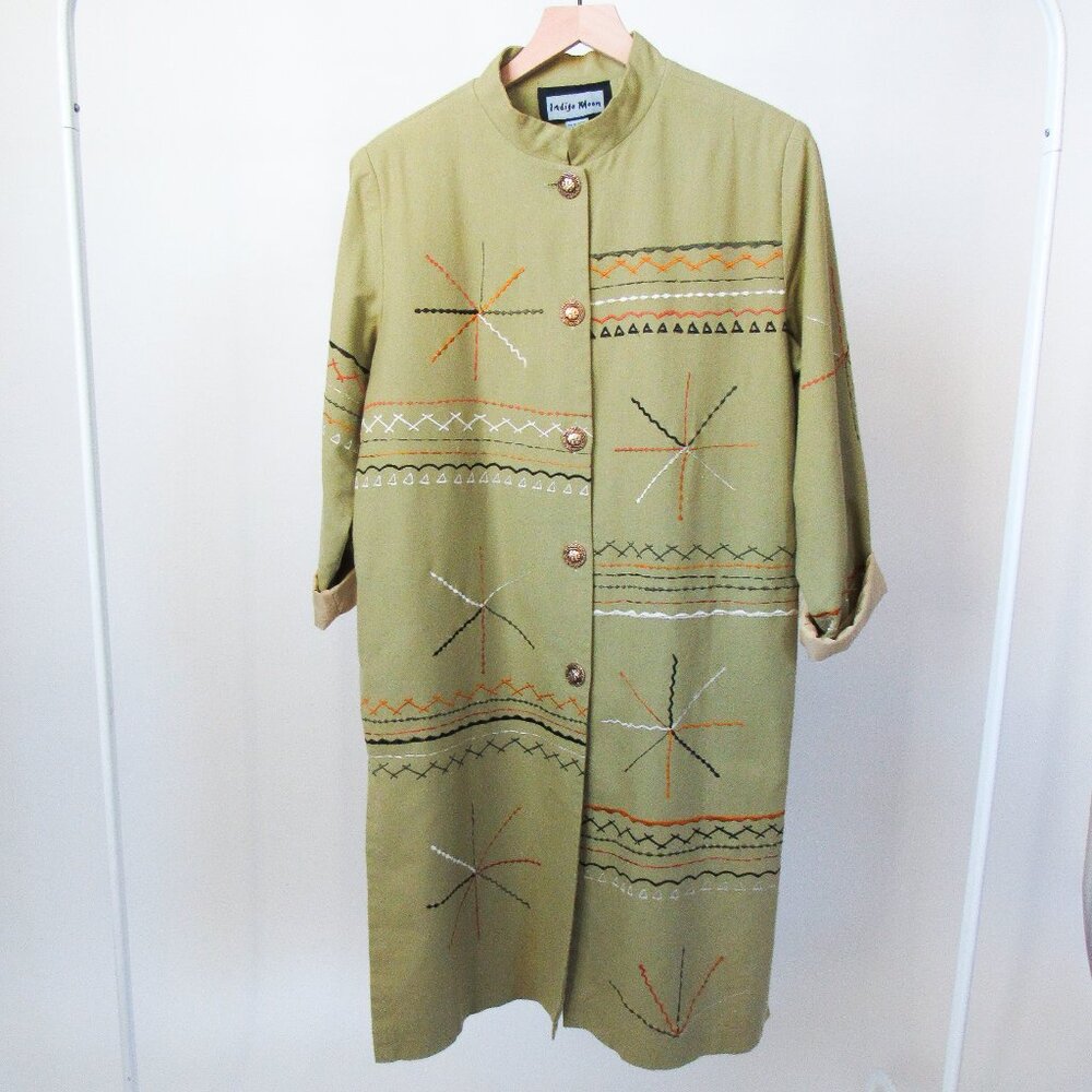 VINTAGE Green Linen Embroidered Long Coat Cotton Jacket Boho Artisan Size-Medium